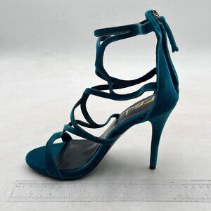 FSJ Blue Velvet Strappy Ankle Strap Sandals Open Toe High Heel Caged Cutout Shoe